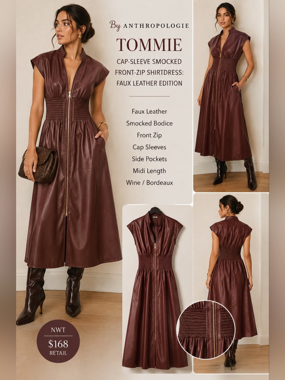 NWT Anthropologie Tommie Faux Leather Smocked Front Zip Midi Dress Wine Burgundy